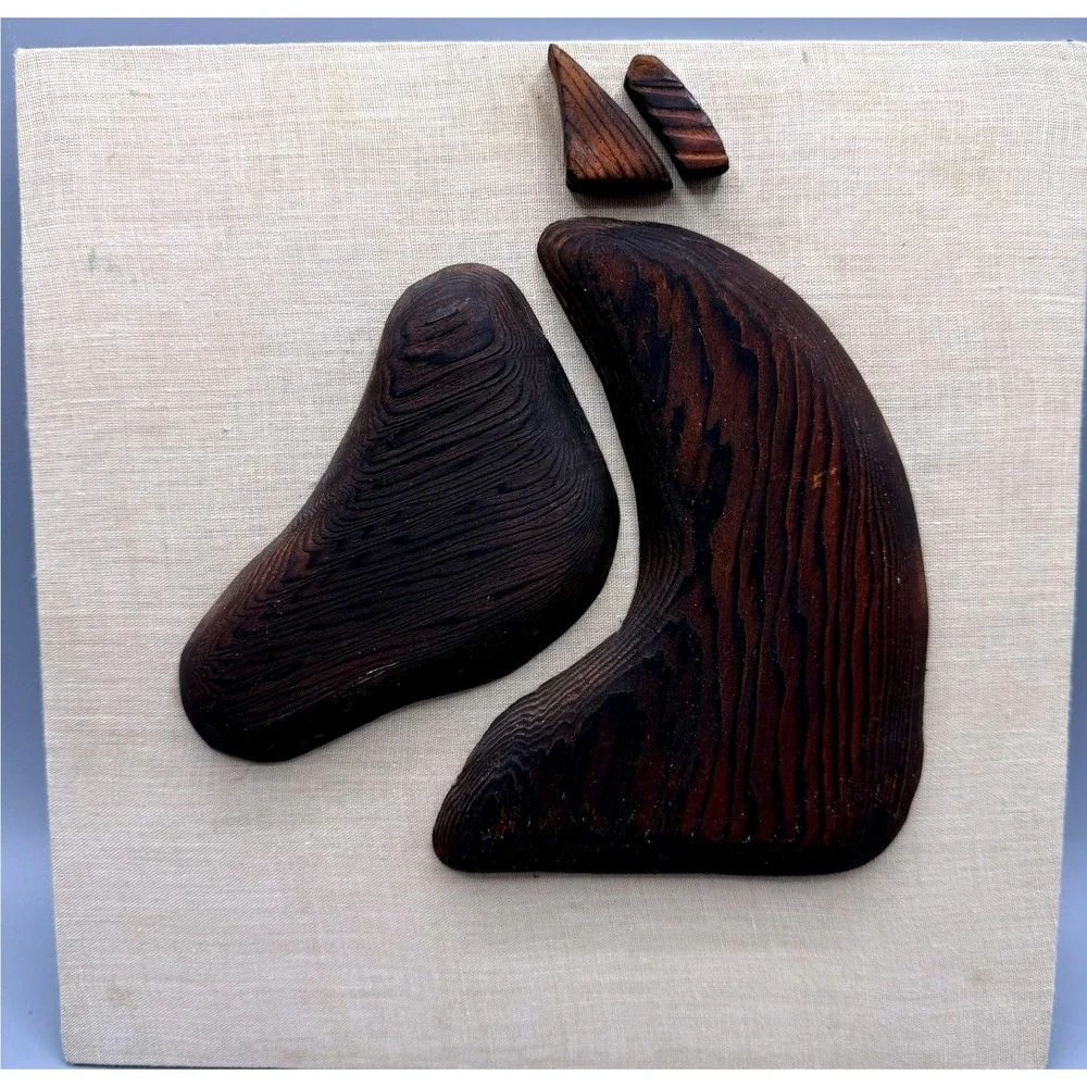 Vintage Mid Century Modern Abstract Wood Horse Head Wall Art Linen Board 9.5in